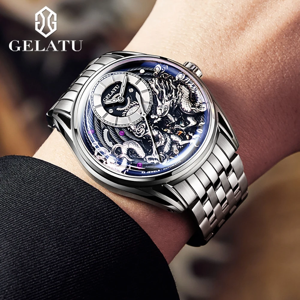 GELATU 6018 Men's Watches Relief Dragon Fully Automatic Mechanical Watch for Men Sapphire Mirror Men's Wristwatches Luxury Brand