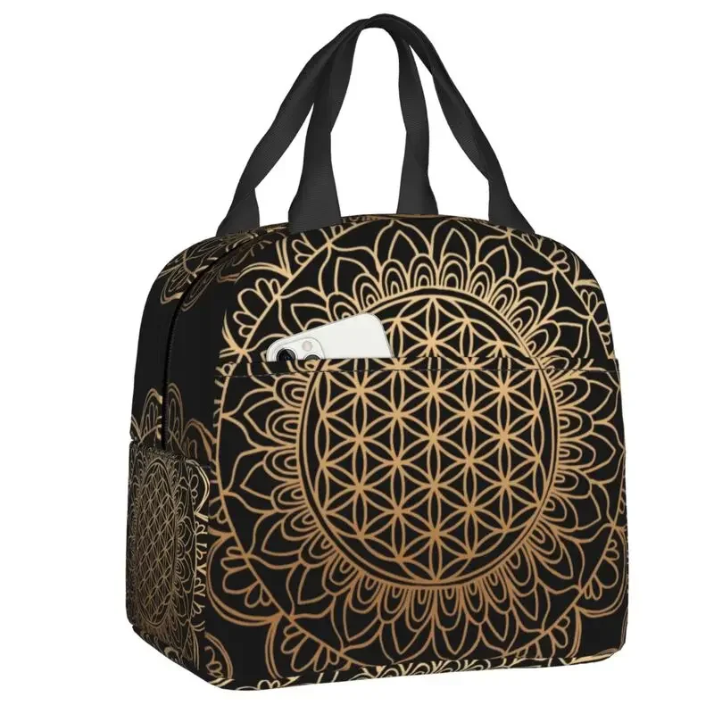 

Flower Of Life Mandala Black Gold Insulated Lunch Bag Sacred Geometry Resuable Thermal Cooler Food Box Work School Travel