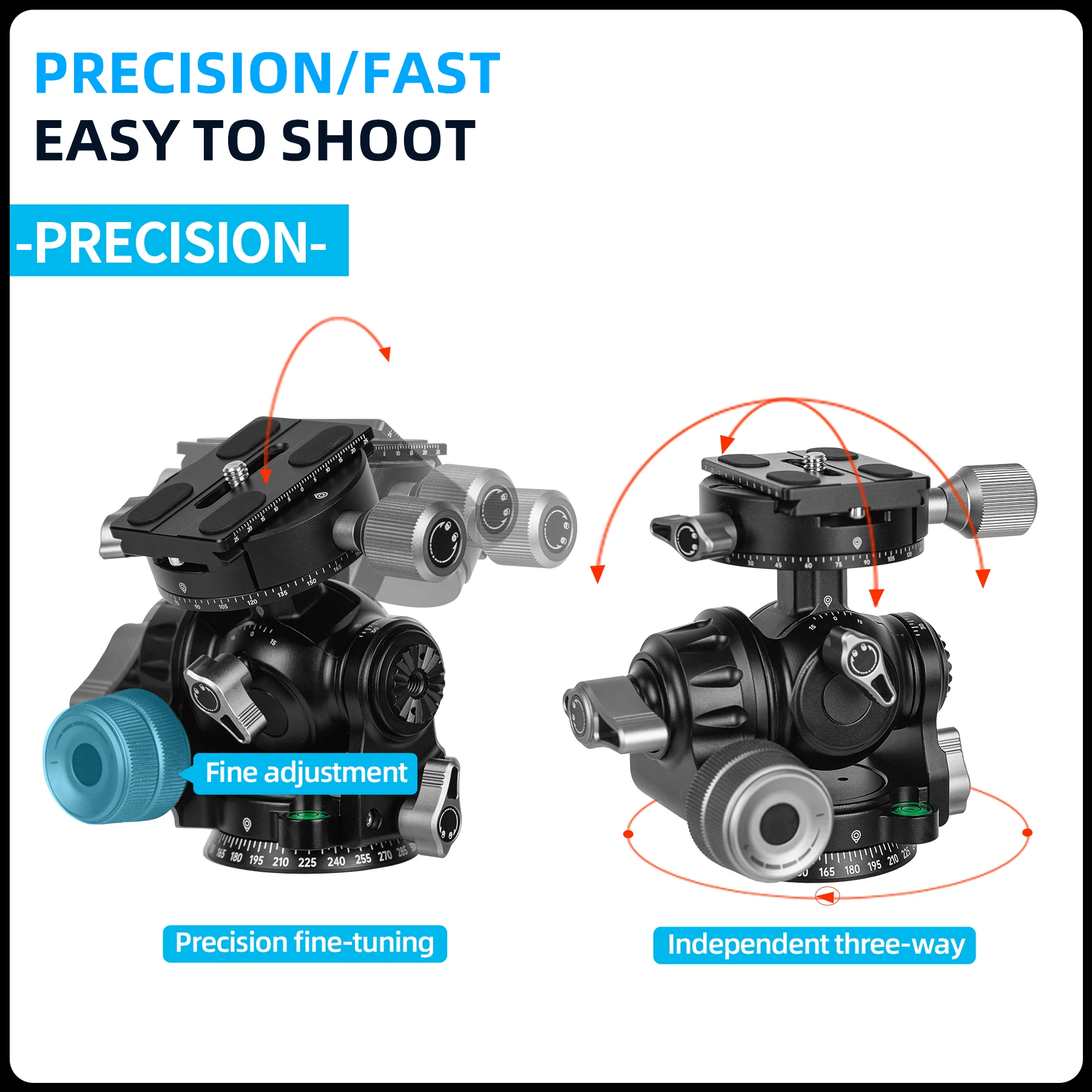 Fotopro 3-Way Geared Tripod Head with Handle Grip 3-Axis Pan Tilt Head Lightweight Compact Gimbal GH-02 GH-03