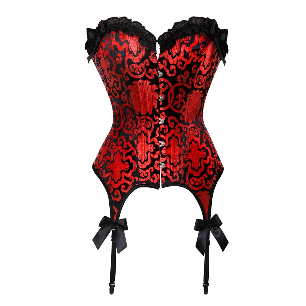 

Red Retro Jacquard Lace Bowknot Overbust Corset Women Sexy Lingerie Body Shaper Bustier Tops With Garter Straps S-6XL