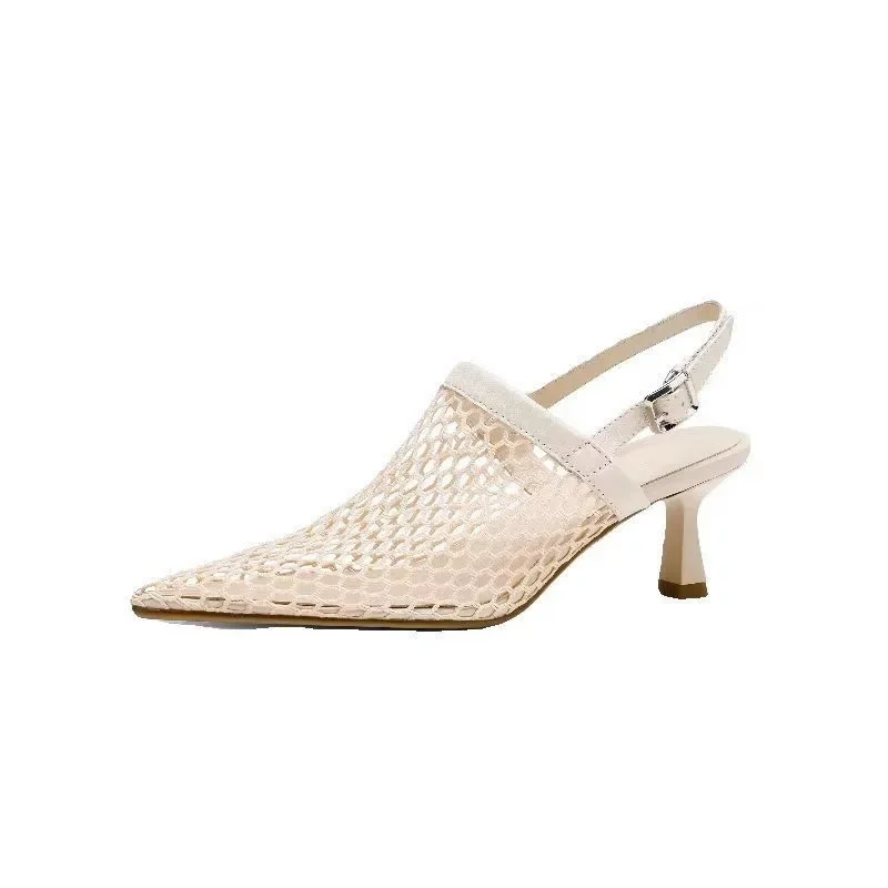 Fashion Hollow Breathable Mesh Pointed Toe Stiletto High Heels Women Pumps Summer Slingback Sandals