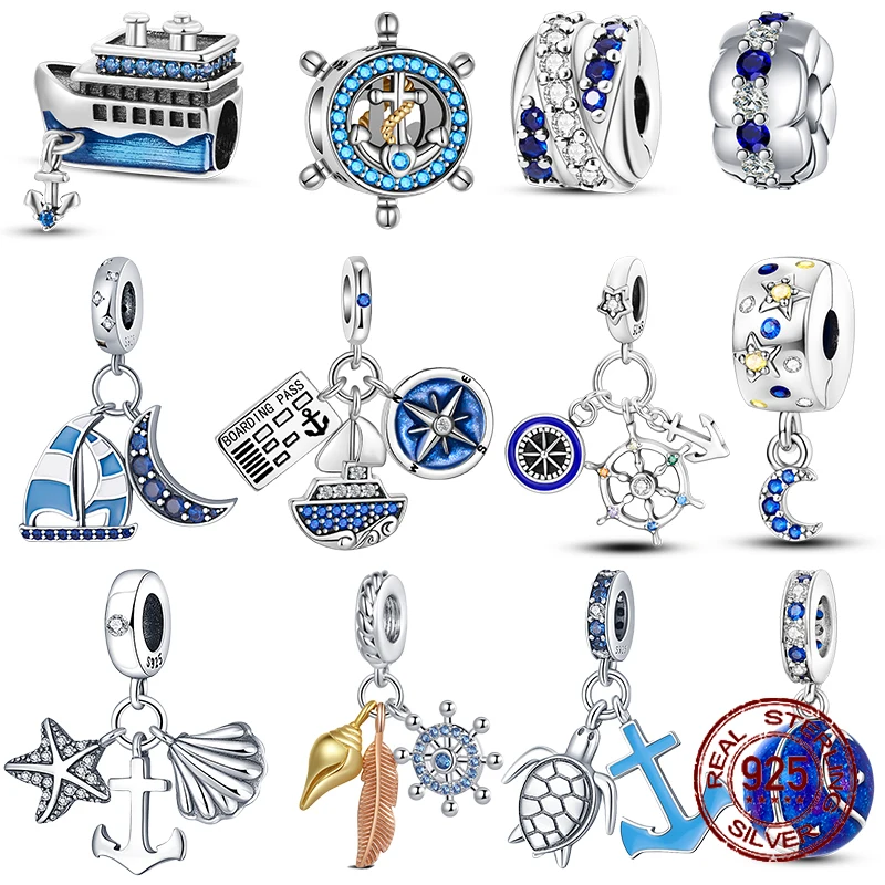 

925 Sterling Silver rudder anchor blue cruise ship Spacer Beads Pendants charms Fit Pandora Original Bracelets DIY Jewelrymaking