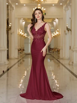 BABYONLINE فساتين سهرة طويلة حورية البحر عنابي على شكل حرف V عظم السمك دانتيل رسمي للحفلات الراقصة فساتين ماكسي أنيقة رداء السهرة 2025 5