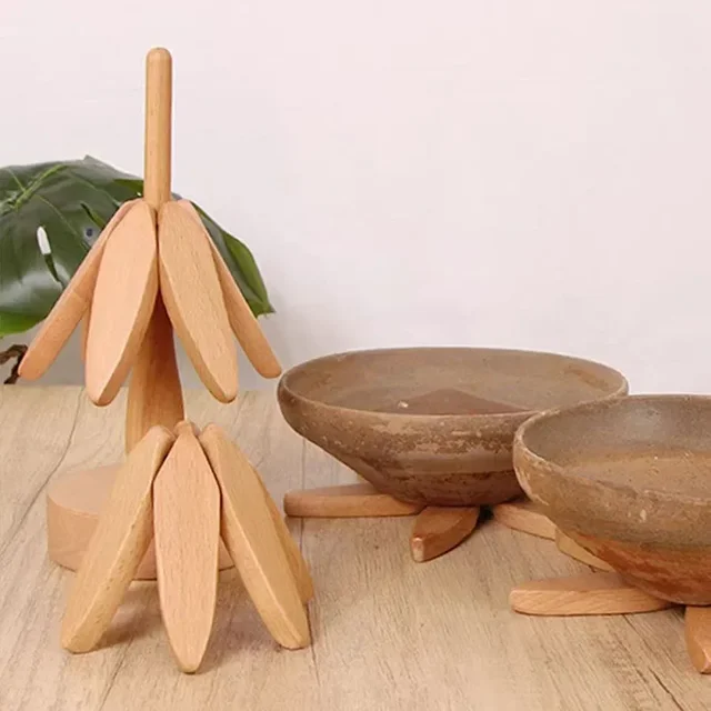 US 4 Pcs Wood Trivet With Holder Creative Tree Shape Trivet Set For Hot Dishes Foldable Wood Hot Pads Trivets Heat Resistant Pads 7.8inch Wood Trivet Set Wood Placemats For Pot