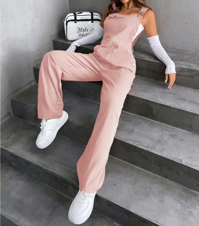 Retro Pocket Solid Color Straight Leg Utility Overalls Loose Fashion Casual Pants