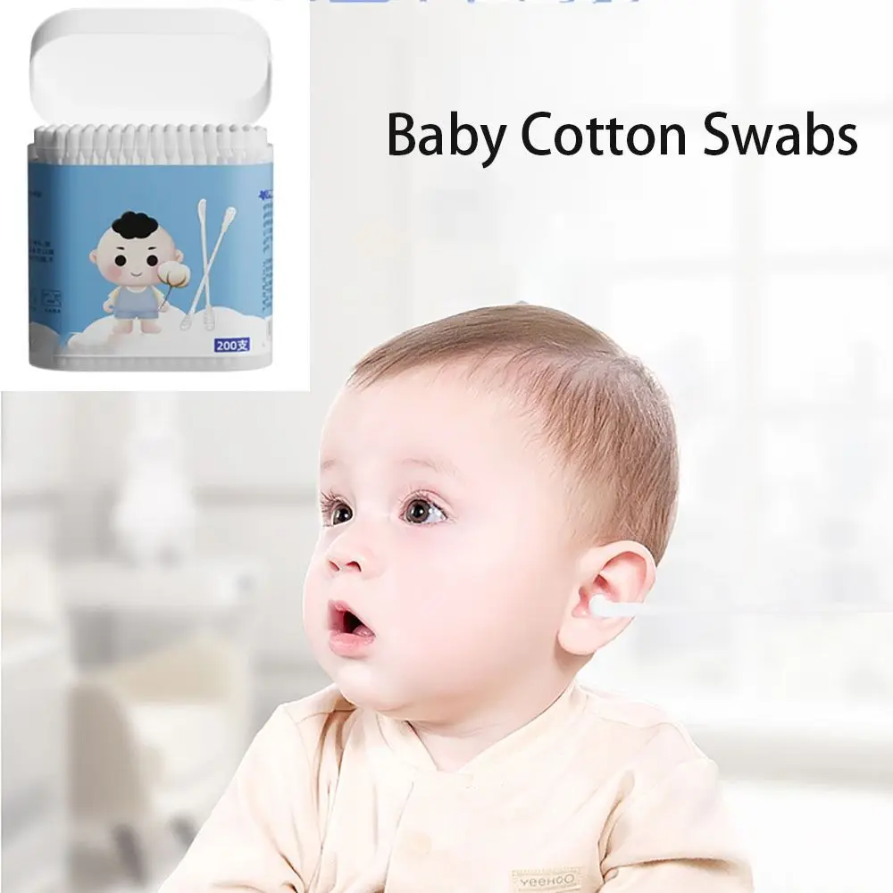 200 pcs Dual Tips Baby Cotton Swab Soft Degreasing Cotton Extra Thin Stem Sterile Buds Ear Wax Spoon Young Children