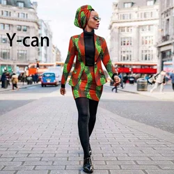 African Dresses for Women Dashiki Print Slim Fit Suit and Short Skirt Headscarf Set Elegant Lady Ankara Date Outfits Y2326008