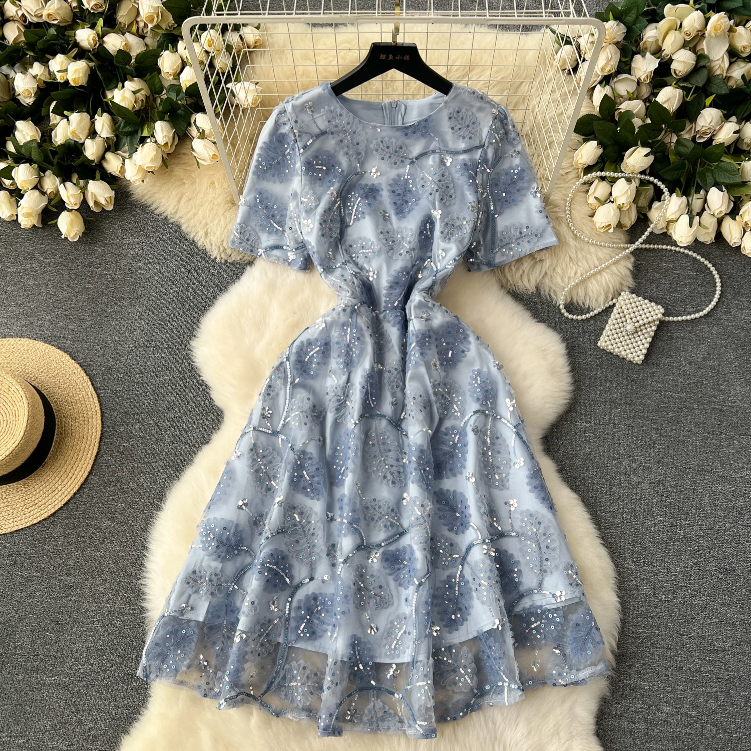 

Vintage Elegant embroidery o Neck Short Sleeve Pleated Split Dress A-line Fashion Chiffon Spring summer Vestidos Women Dresses