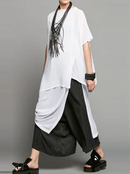 Camicia con scollo a O da donna estiva Top manica corta con spacco irregolare T-shirt tinta unita taglie forti Abbigliamento casual da donna 1