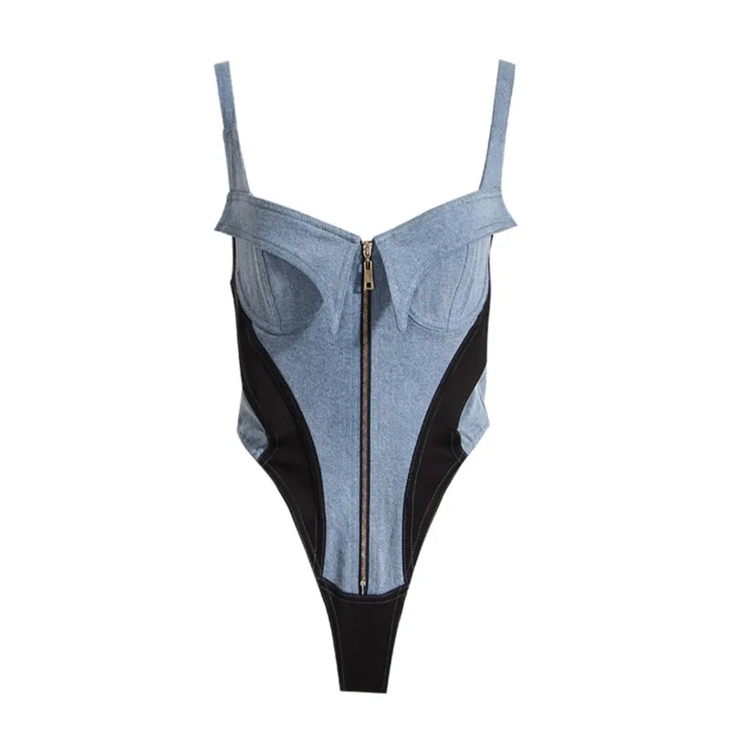 

Women's Jumpsuits Corset Contrast Spliced Zipper Slim Fit Camisole Irregular Patchwork Hot Chick Denim Bodysuits Streetwear 2023