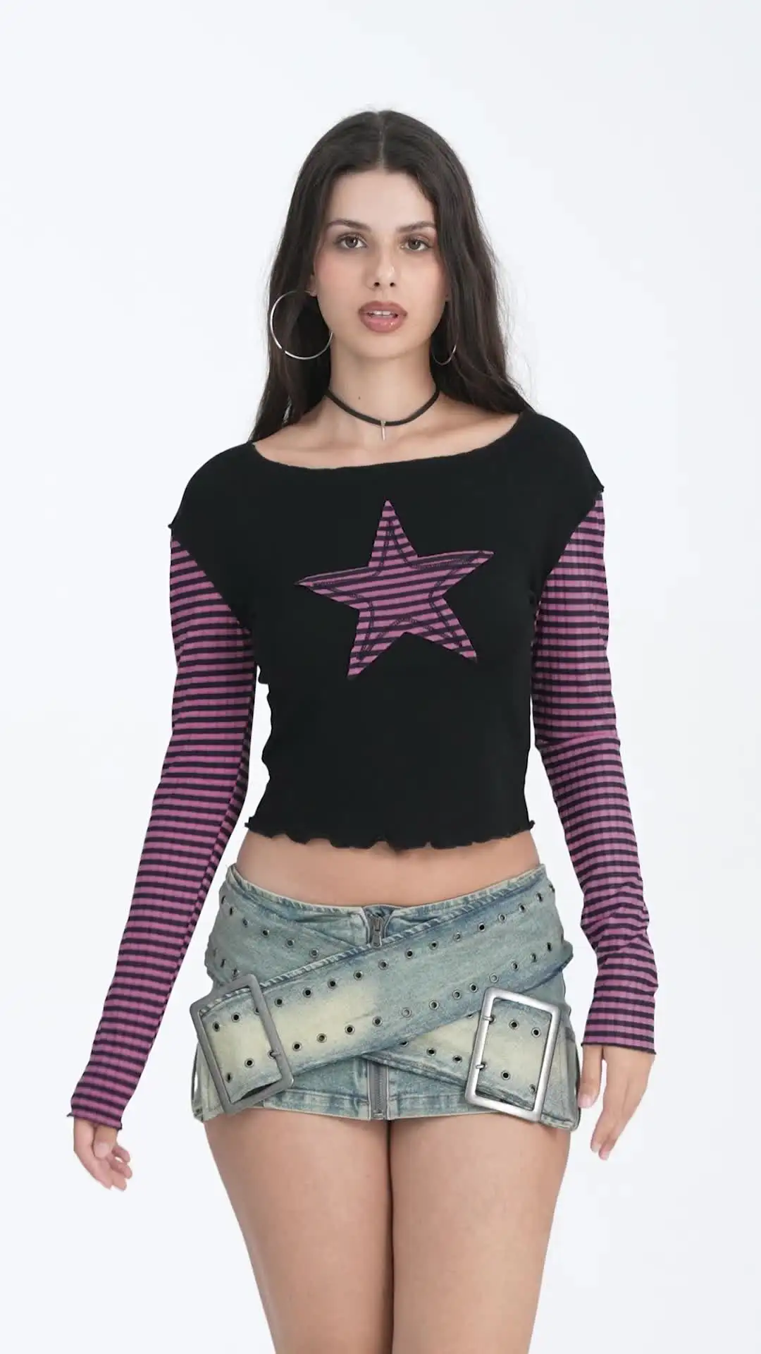 Women T-shirt Long Sleeve Crew Neck Star Stripe Star Graphic Slim