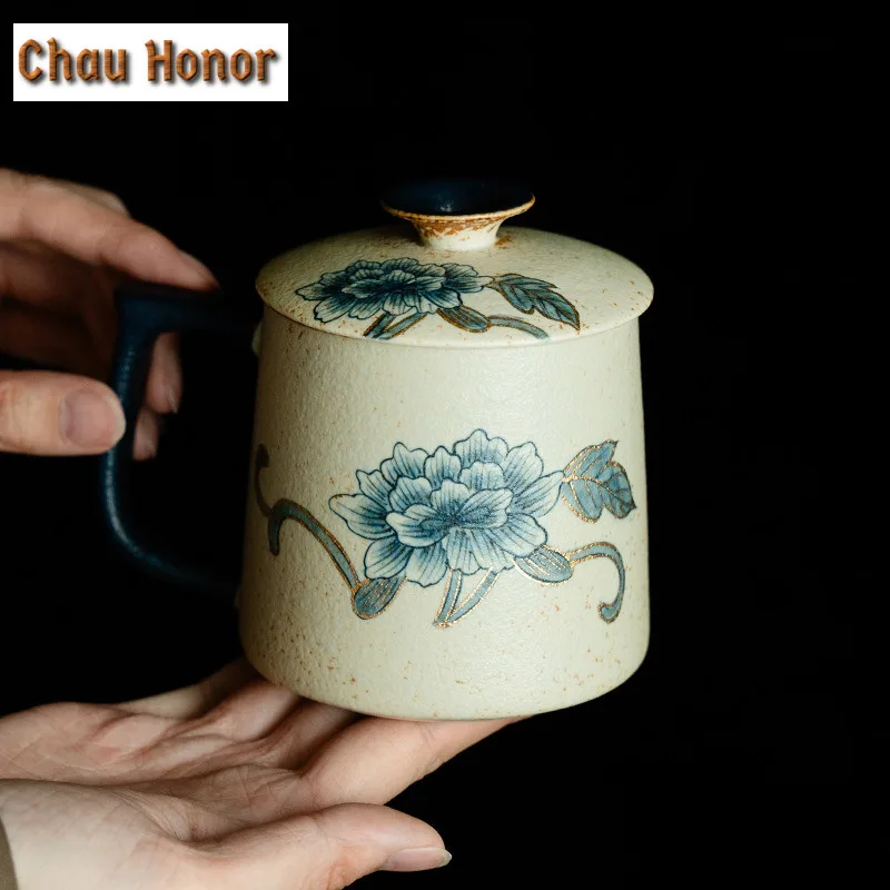 330ml Blue And White Flint Red Mug Handmade Gold Drawing Peony Flower Coffee Cup Infuser Tea Maker Office Water Cup Teaset Craft