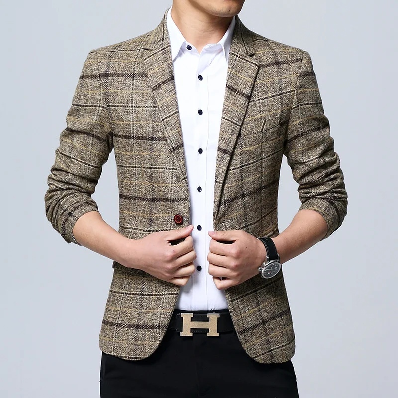 Fashion Plaid Men's Blazers Autumn Single Button Blue Khaki Gray Young Man Clothing Casual Business Slim Fit Male Suits Jacket