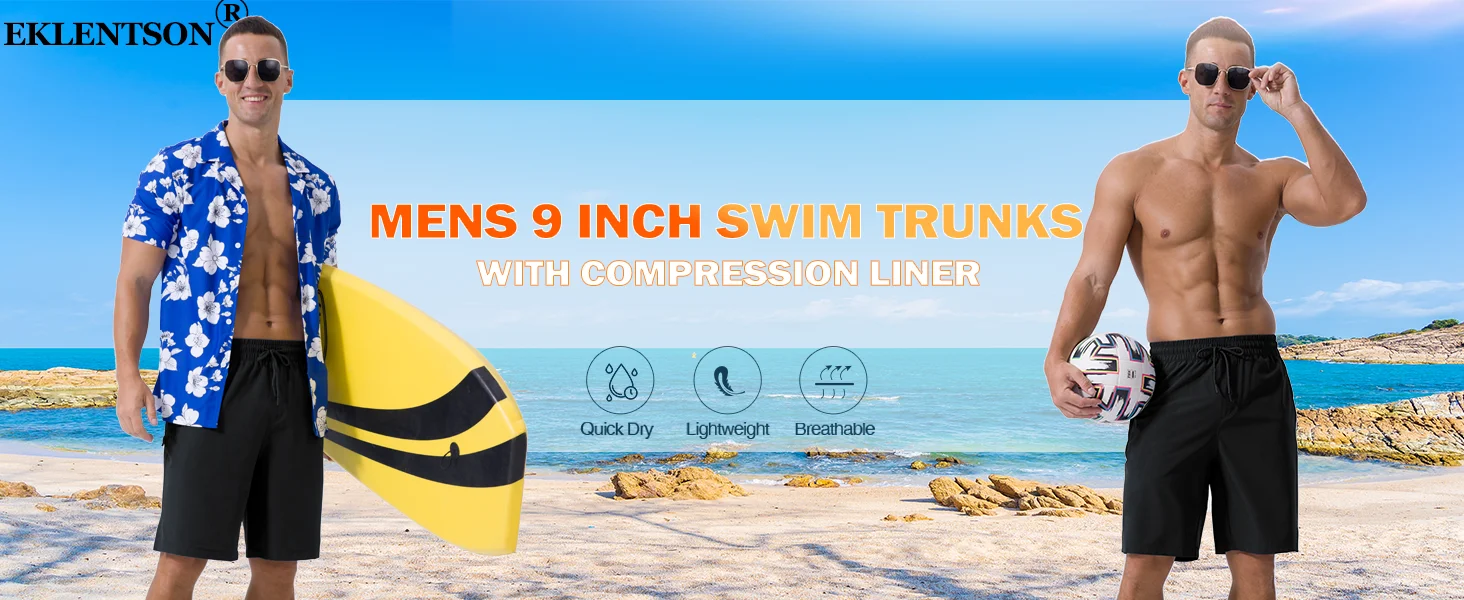 EKLENTSON Herren-Badehose, 22,9 cm, schnell trocknend, UPF 50+, Badeanzüge mit Kompressionsfutter, elastische Taille, Strandshorts zum Schwimmen – Detail 1
