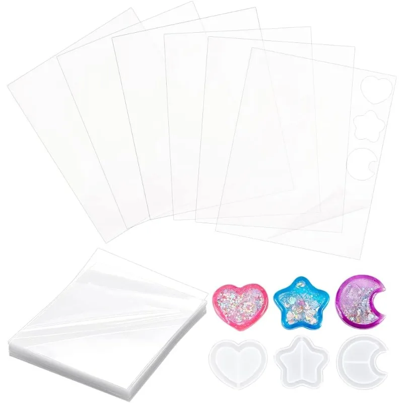 50 Sheets Thin Resin Shaker Film with 3Pcs Silicone Shaker Molds Plastic Sealing Protective Films Quicksand Mold & Films