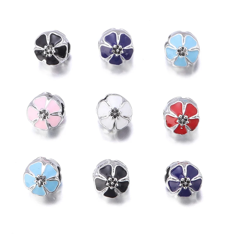 

5Pcs/Lot 10mm Alloy Drop Oil Beads with Five Petal Flower Pattern 4.5mm Large Hole Spherical Beads Diy Men Women Charm Necklace