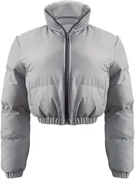 Puffer Jacket Womens Cropped Zip Casual Cotton Coat Up Padding Warm Jackets Winter Coats 6