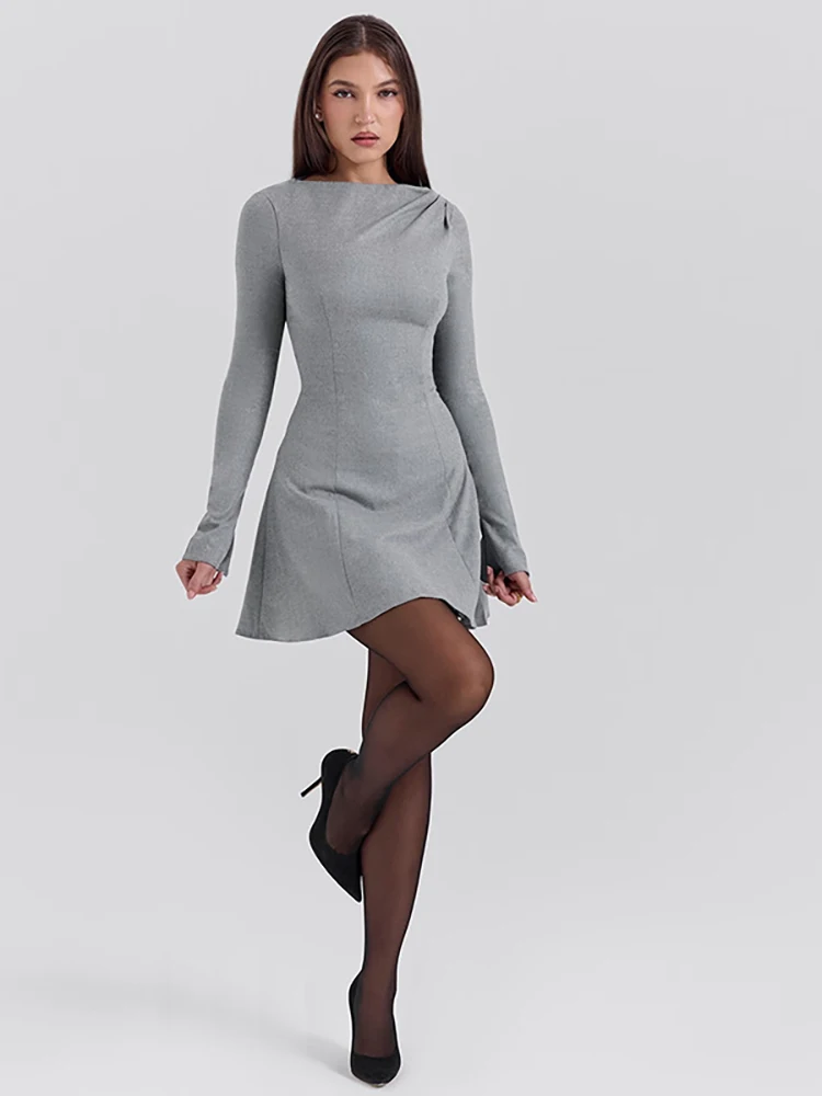 JULISSA MO Elegant Round Neck Women Dress Black Long Sleeve High Waist Mini Dress Female Autumn A-line Slim Party Clubwear 2025