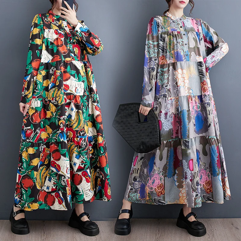 

#6824 Vintage 3D Printed A-line Dress Split Joint Long Shirt Dress Women Stand Collar Buttons Vestido Ankle-length Spring Autumn