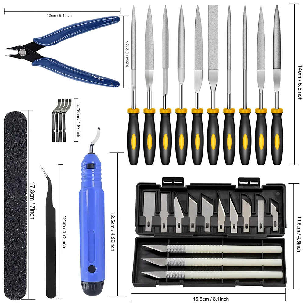 faca, raspador, agulha de limpeza, pinças, alicates,