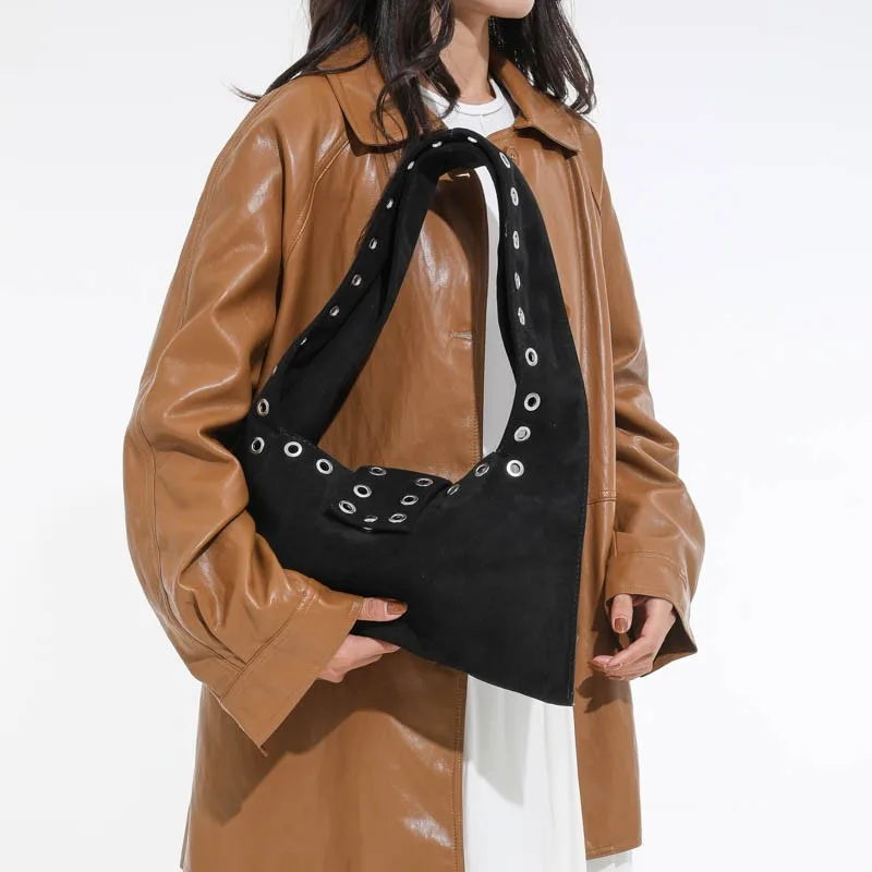 Retro Faux Suede Rivet Tote Bag Large Work Purses Slouchy Tote Handbag Locomotive for Women Travel Winter Fall