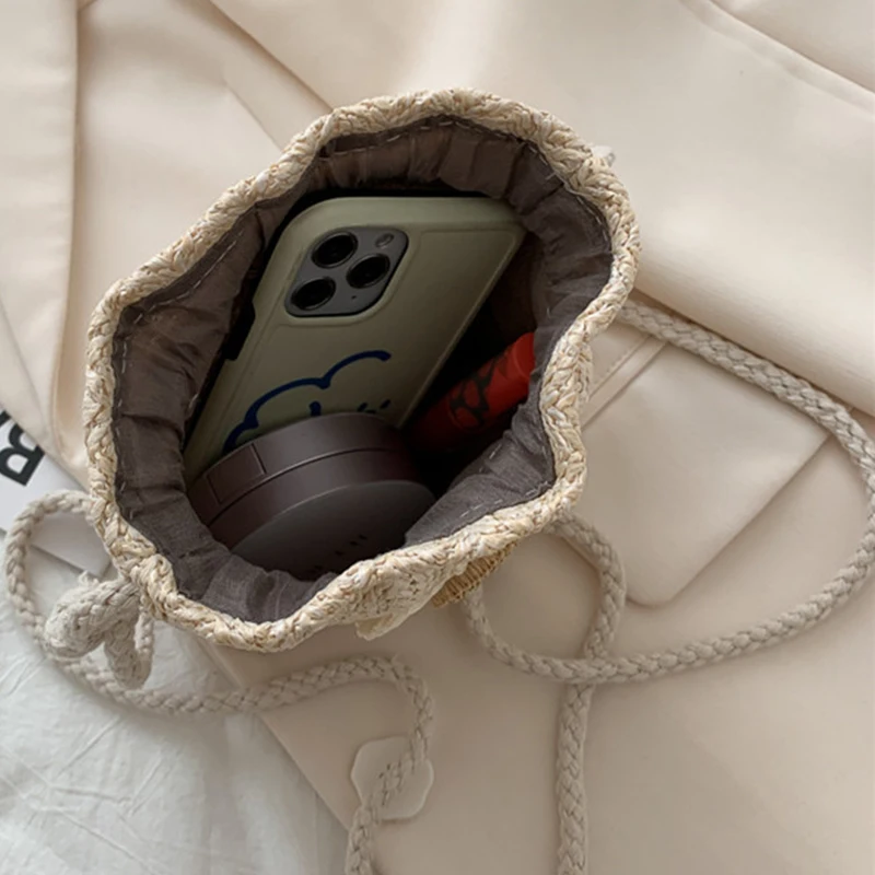 Casual Straw Crossbody Shoulder Bag Women Woven Beach Bag for Ladies Rattan Handmade Knitted Small Bucket Handbag Purse Bolsa
