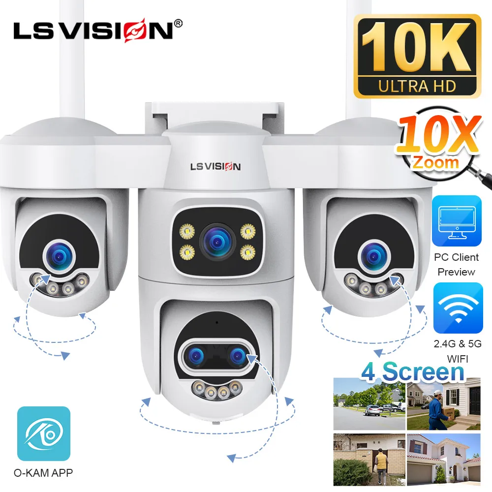LS VISION 20MP 10X Zoom Four Screens WiFi Security Camera Outdoor 5-Lens Three PTZ Auto Tracking CCTV Camera PC Client Supported 1