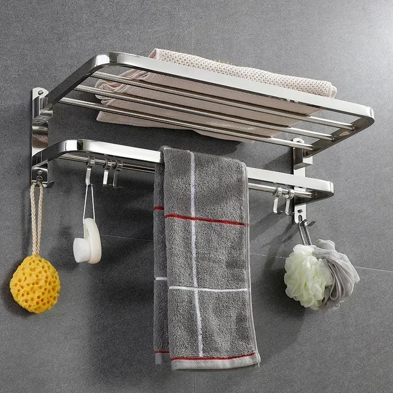 304 Towel Storage Rack Stainless Steel Towel Rack Bathroom Storage Non Punching Foldable Bathroom Hardware Pendant