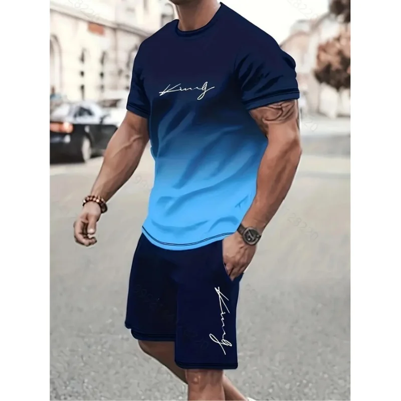 Mens Cotton T Shirt Summer Street Men's Sport Short Sleeve Round Neck Printing T-Shirt Shorts