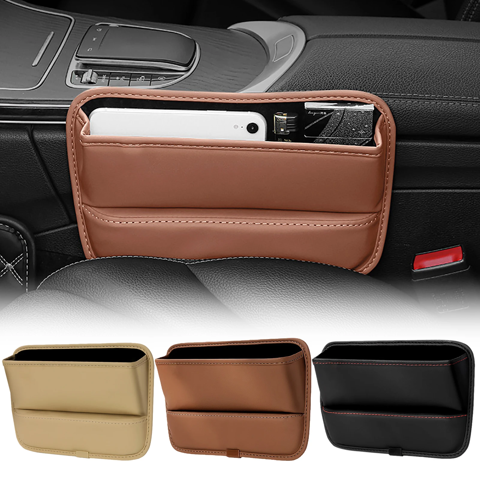 AK KYC 2 Pack Car Pocket Organizer Seat Side Caddy Console Car Catcher Gap Filler PU Leather 4 Color Interior Car Accessories, COFFEE 