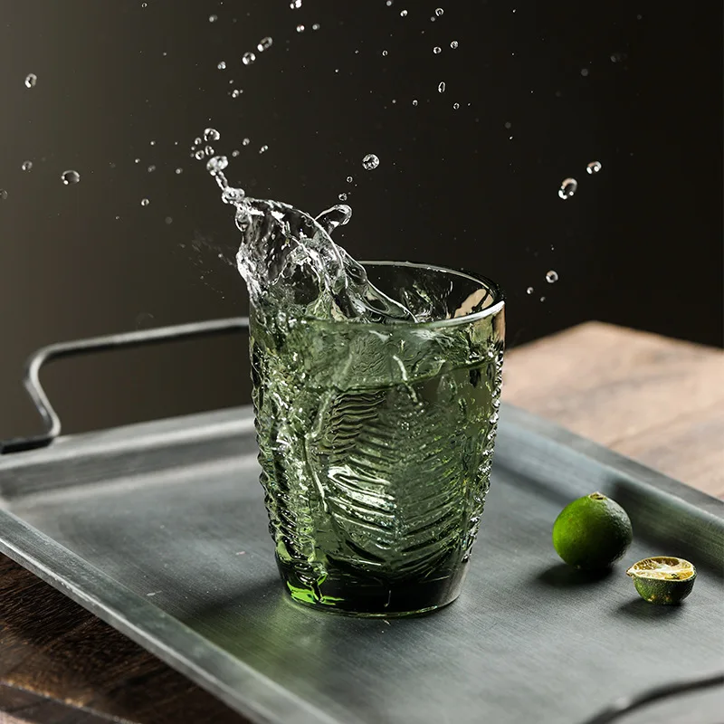 290ml 10oz Vintage Green Leaf Embossed Colored Side Glass Whiskey Water Glass Cup Heavy Thick Glassware Tumbler 1 Piece