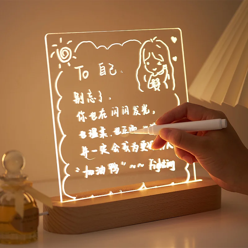 

Wooden Base Note Board Creative Led Night Light DIY Rewritable Message Board Night Lamp for Girls Children's Birthday New Gift