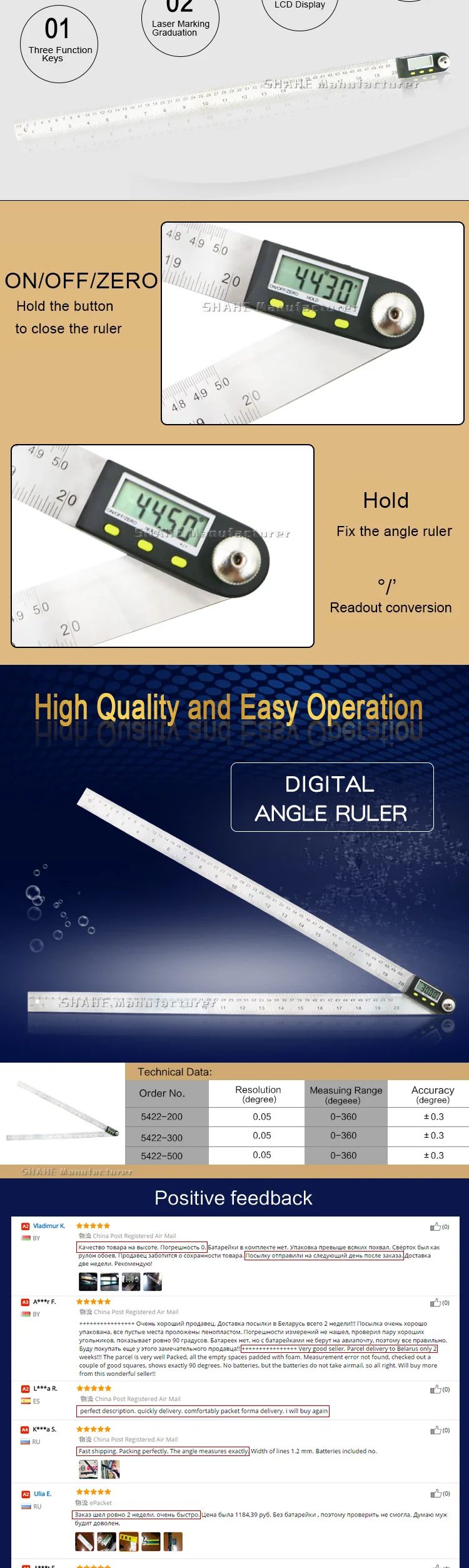 Description Picture 5 of item500mm 20'' Digital Ruler Stainless Steel Electronic Angle Meter Goniometer Digital Angle Finder Level Measuring Instruments