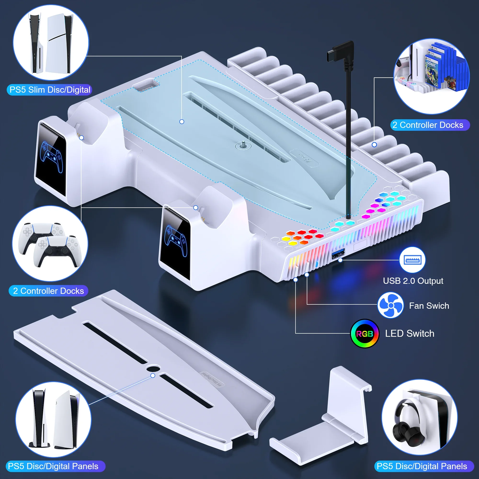 BEBONCOOL S3000 RGB Vertical Stand Cooling Station Controller Charger For PlayStation 5 Slim/PlayStation 5 Digital/Disc