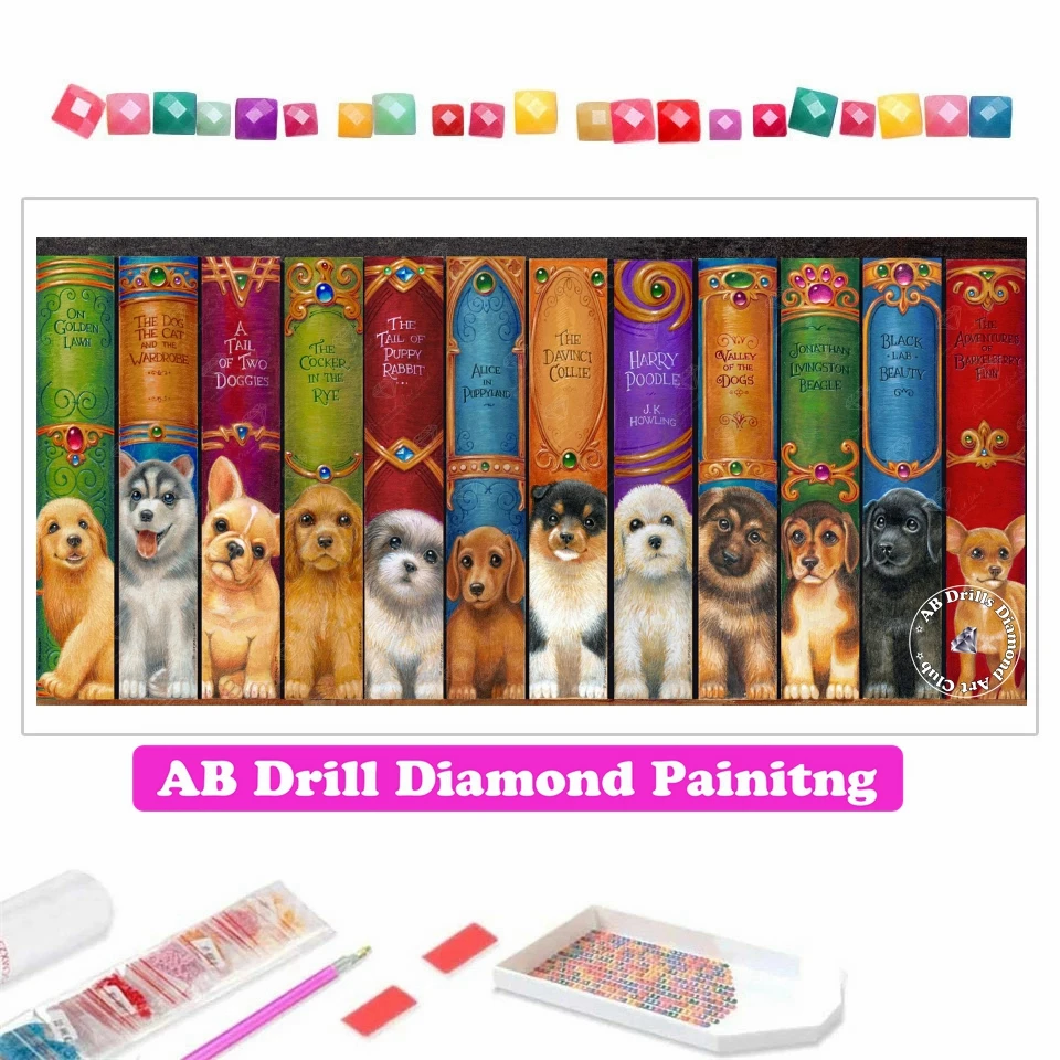 Фото Алмазная живопись 5D DIY AB, мозаика, собака, книжная полка, случайный шпатлер, художественное оформление, вышивка крестиком Стразы, домашний декор №1