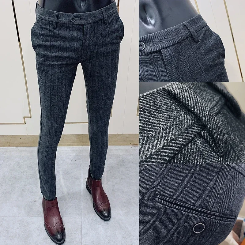 Men Striped Woolen Suit Pants suit pants men pants Autumn Winter Casual Trousers Thicken Keep Warm Pantalones Hombre Slim Fit Dress Pants Men