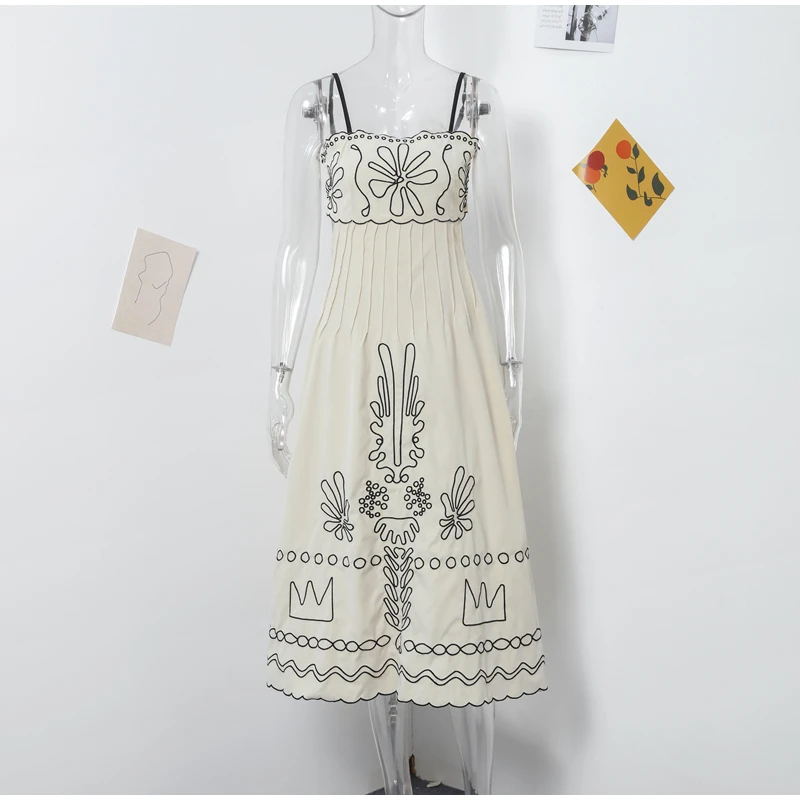 Image of Embroidery Women Strap Dress Sexy Hollow Out Sleeveless Backless Wave Hem Lady Dresses 2025 Spring Summer Beach Ladies Robe