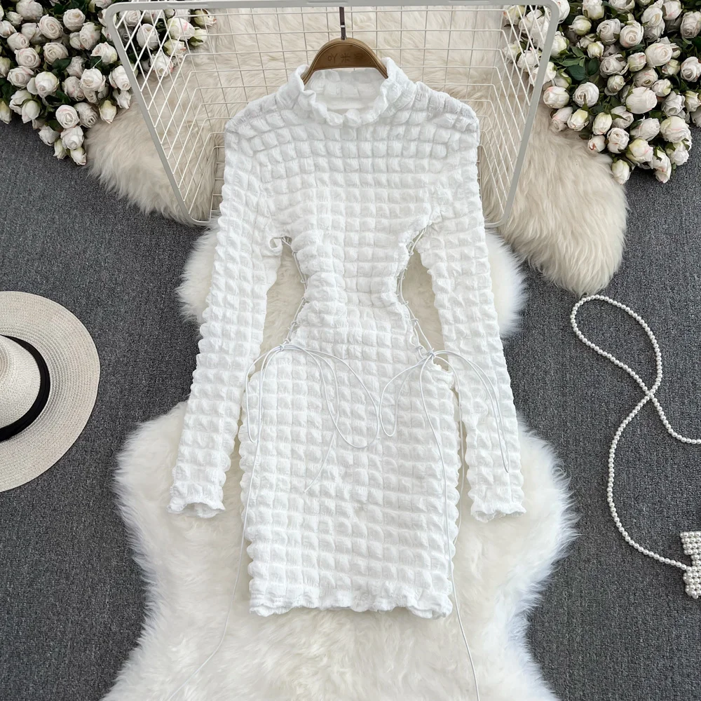 

Chic Foamlina New Women Autumn Dress 2023 Solid Stand Collar Long Sleeve Hollow Out Lace-up Bandage Slim Bodycon Mini Club Dress