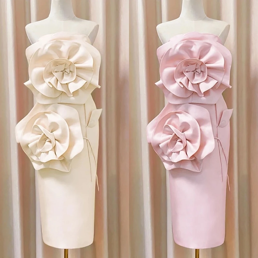 prom dress saudi arabia satin flower formal evening a line strapless bespoke occasion dress knee length Prom Dress Saudi Arabia Satin Flower Valentine's Day A-line Strapless Bespoke Occasion Dress Knee Length