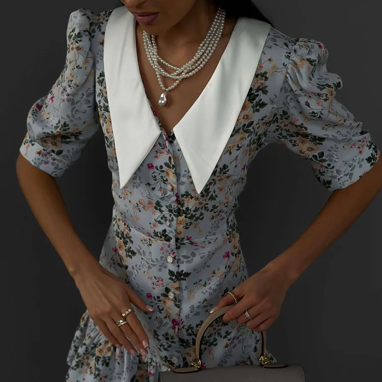 Printed Ruffled V-Neck Mini Dress Female Short Sleeve Fashion Slim High Waist Elegant Party Dress Women's Summer Dress New