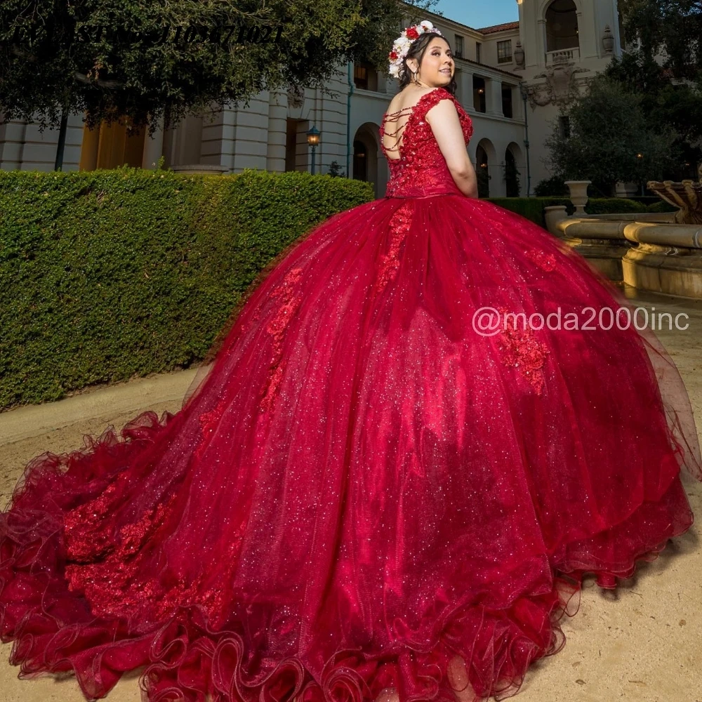 EVLAST Burgundy Quinnceanera Dress Ball Gown Applique Beaded Crystal Mexico Corset Sweet 16 Vestidos De 15 Anos SQ593