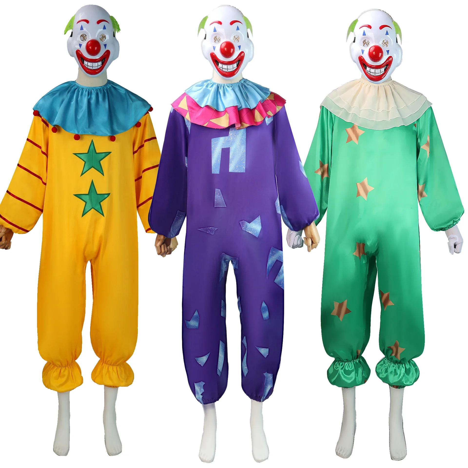 

Stage performance Funny Clown Cosplay Costume Circus Clown Clothes Halloween Party Jumpsuits Mask Gloves Outfit For Women Men