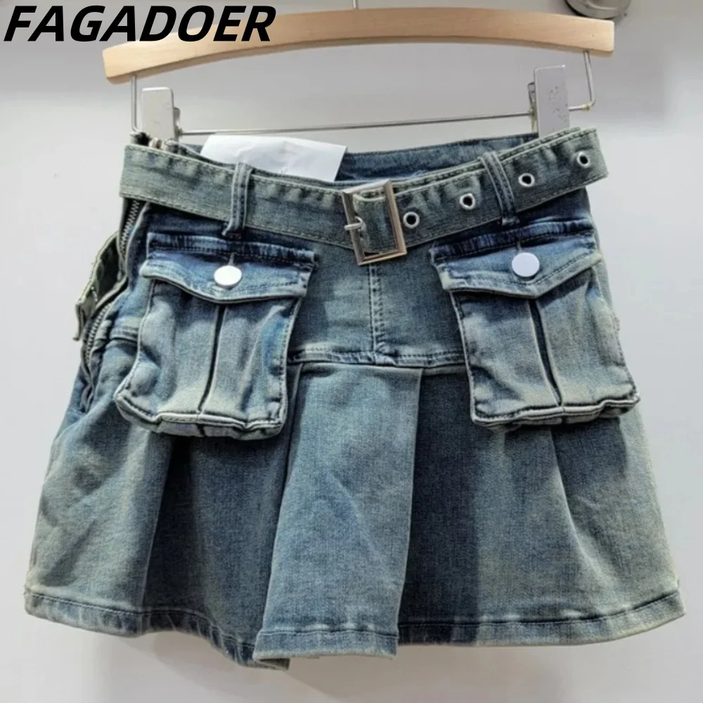 FAGADOER Fashion Y2K Denim Pleated Mini Skirts Women High Waisted Button Pocket Skirts Summer New Female Retro Cowboy Bottoms