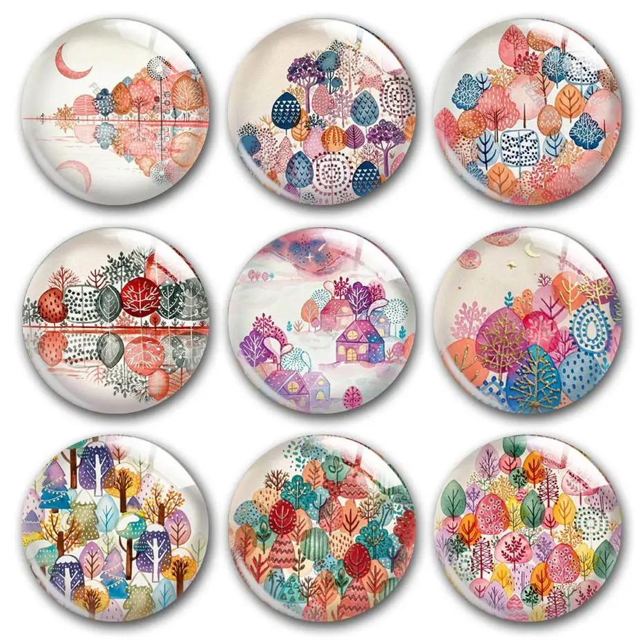 

Handmade Watercolor Tree Flower Round Photo Glass Cabochon Demo Flat Back For DIY Keychain Jewelry Making Supplies Accessories