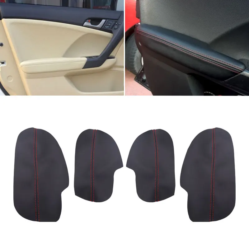

For Honda Accord 2009 4pcs Black with red line Microfiber Leather Car Interior Door Armrest Panel Cover Replacement Sticker Trim