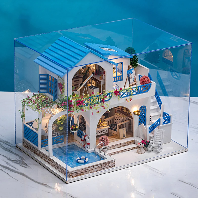 DIY Wooden Doll Houses Blue and White Town Casa Miniature Building Kits with Furniture Led Dollhouse for Adults Birthday Gifts 4