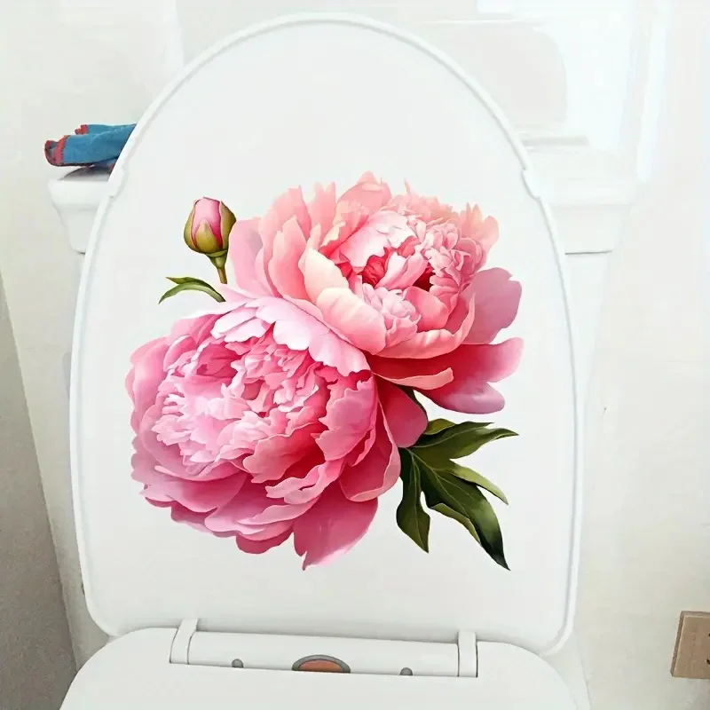 Blooming Pink Peony Toilet Sticker Bathroom Home Decoration Wall Sticker Decoration Sticker For Door Refrigerator Window