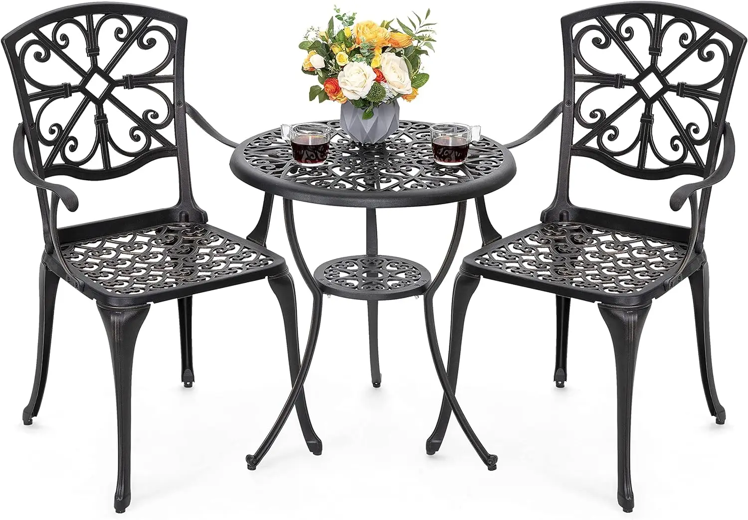 

Piece Bistro Table Set Cast Aluminum Outdoor Furniture Weather Resistant Table and Chairs with Umbrella Hole for Yard, Balcony,