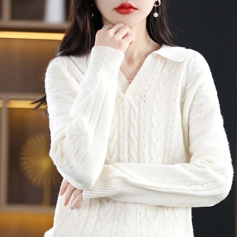 

Autumn and Winter New Women's POLO Collar Pure Woolen Sweater Thickened Knit Undercoat Twisted Flower Loose Pure Woolen Sweater