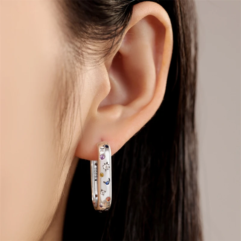 Echte 925 Sterling Silber Creolen bunte Zirkon helle Sternen himmel Ohrringe Frauen Verlobung Hochzeits feier Silber Schmuck – Detail 4